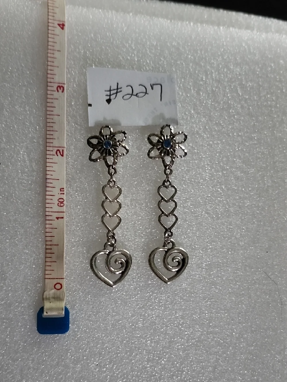 Hand Crafted Silver-Tone Floral & Heart Drop Earrings with Blue Accent
